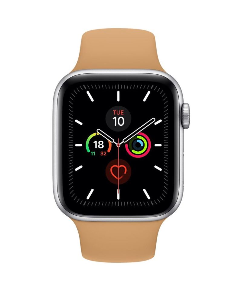 Walnut brown silicone Apple Watch sport band with silver aluminum case
