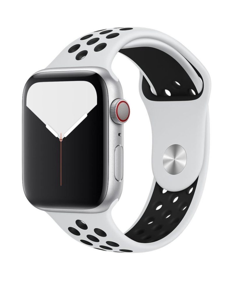 White and black perforated silicone sport band for Apple Watch with pin-and-tuck closure