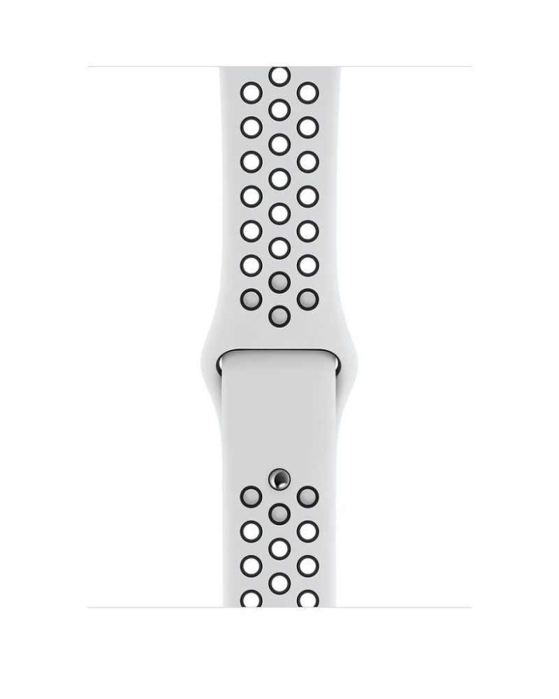White and black perforated silicone Apple Watch sport band with pin-and-tuck closure