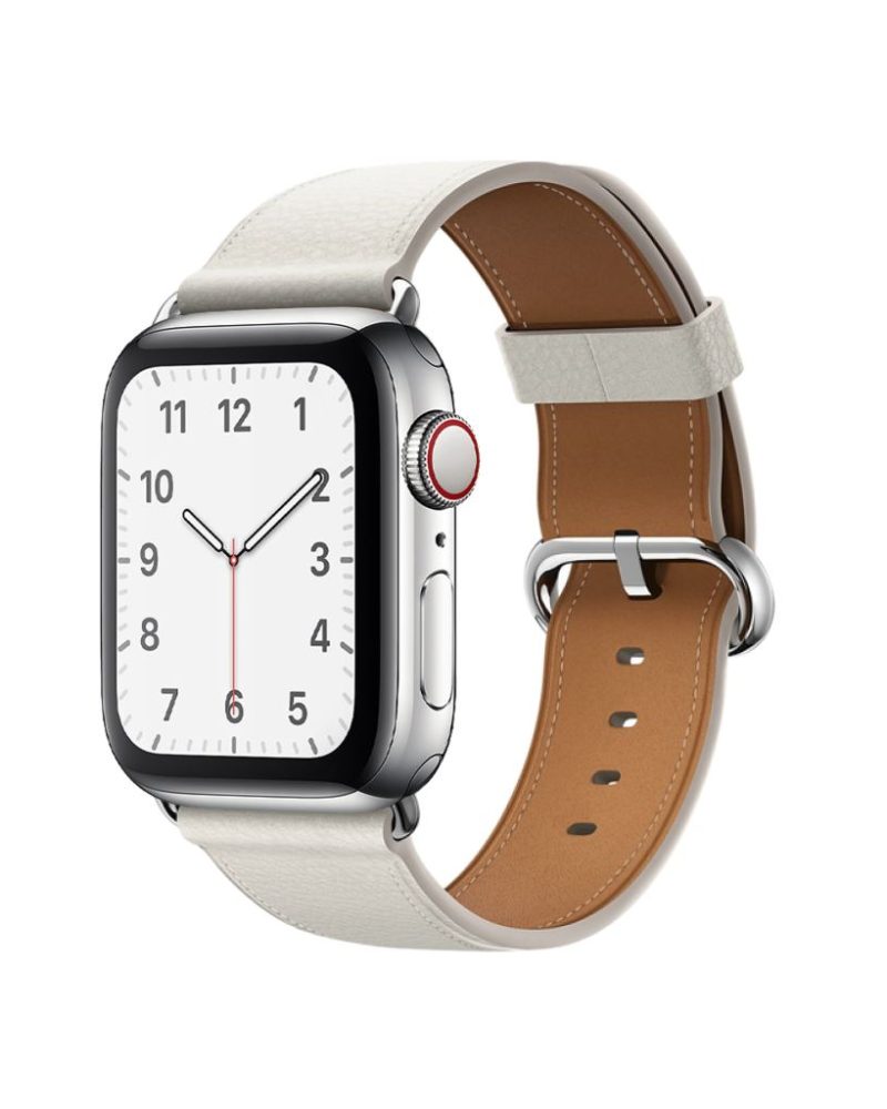 White classic leather Apple Watch band with silver buckle clasp