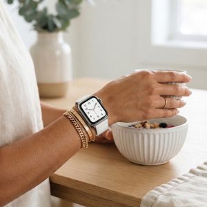 Model wearing White Classic Leather Buckle for Apple Watch Apple Watch band