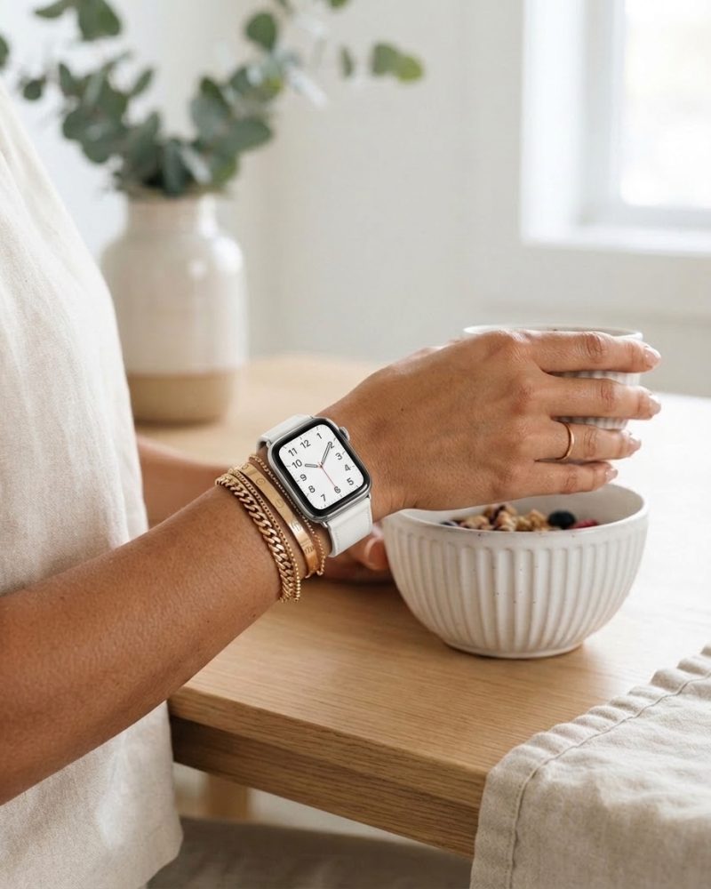 Model wearing White Classic Leather Buckle for Apple Watch Apple Watch band