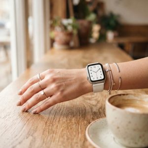 Model wearing White Classic Leather Buckle for Apple Watch Apple Watch band