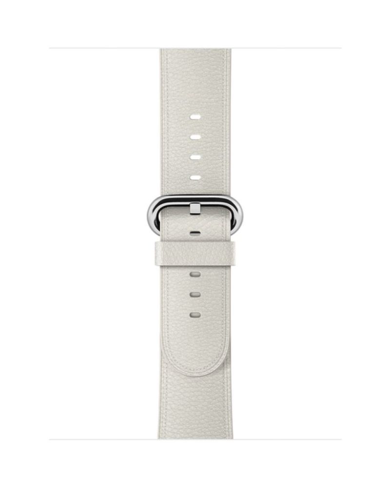 White classic leather Apple Watch strap with silver buckle clasp