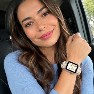 Model wearing White Floral Scrunchie Loop Band for Apple Watch Apple Watch band