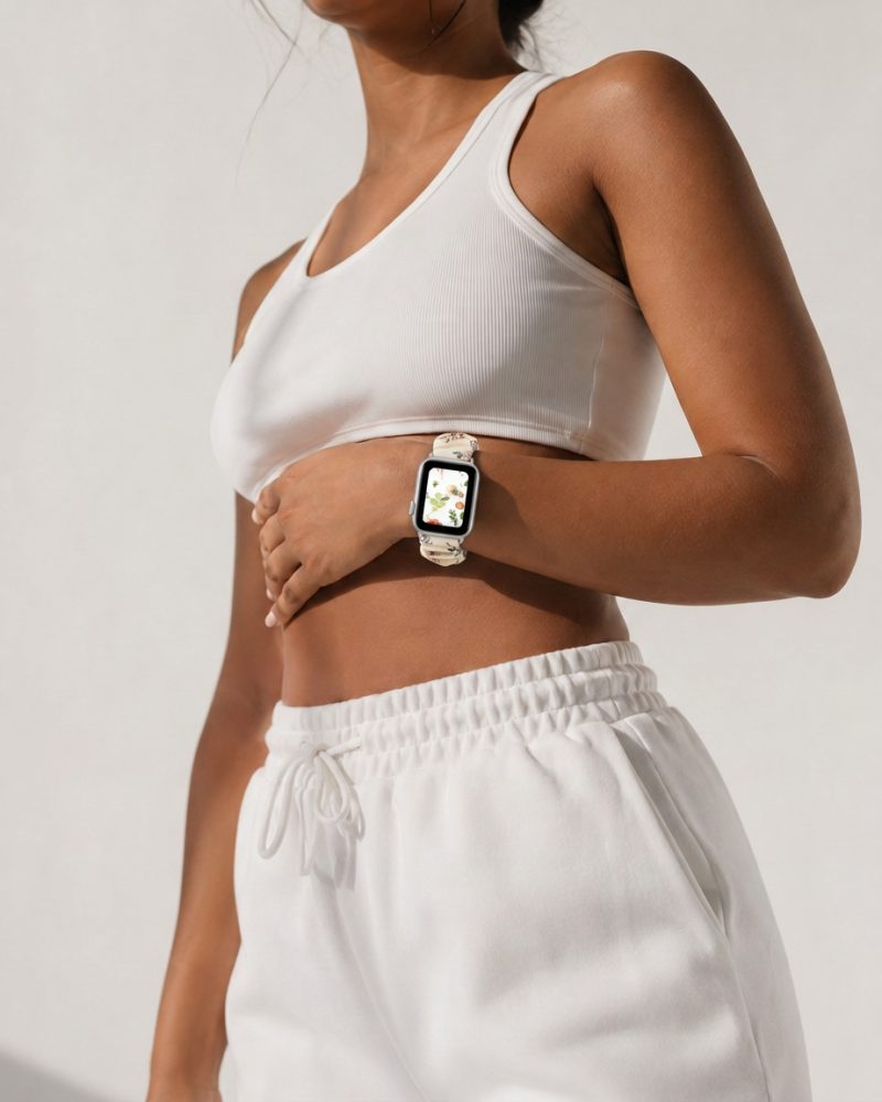 Model wearing White Floral Scrunchie Loop Band for Apple Watch Apple Watch band