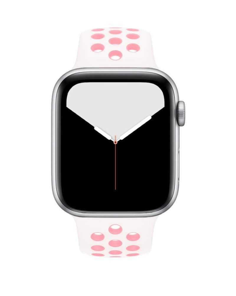 White and light pink perforated silicone sport band on silver Apple Watch
