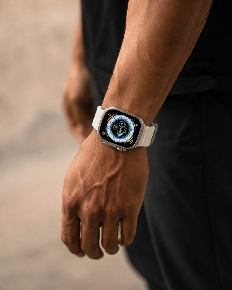 Model wearing Ocean Band – White Apple Watch band