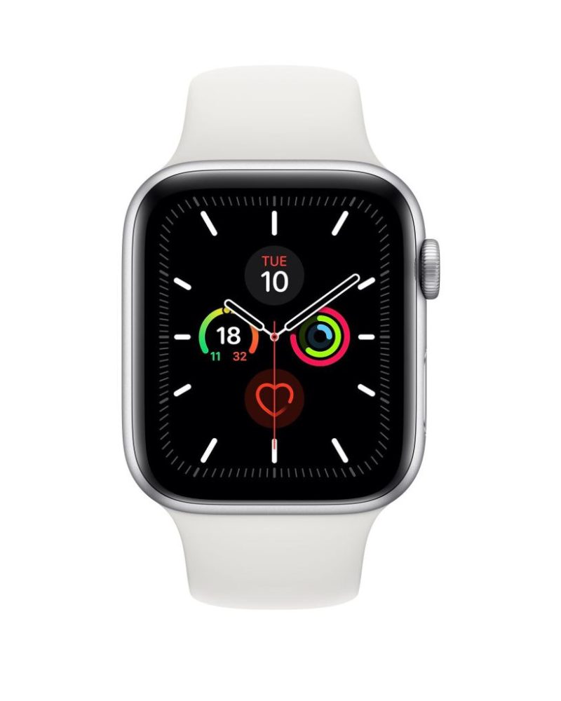 White silicone Apple Watch Sport Band with silver aluminum case shown.