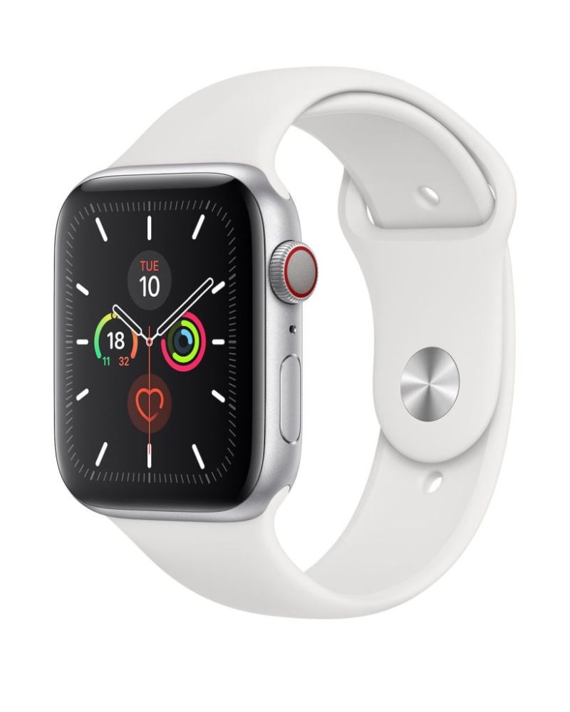 White silicone Apple Watch Sport Band with perforated buckle, silver case shown