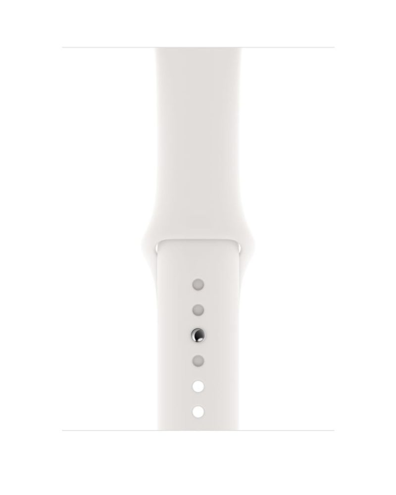 White silicone Apple Watch sport band with pin-and-tuck closure holes