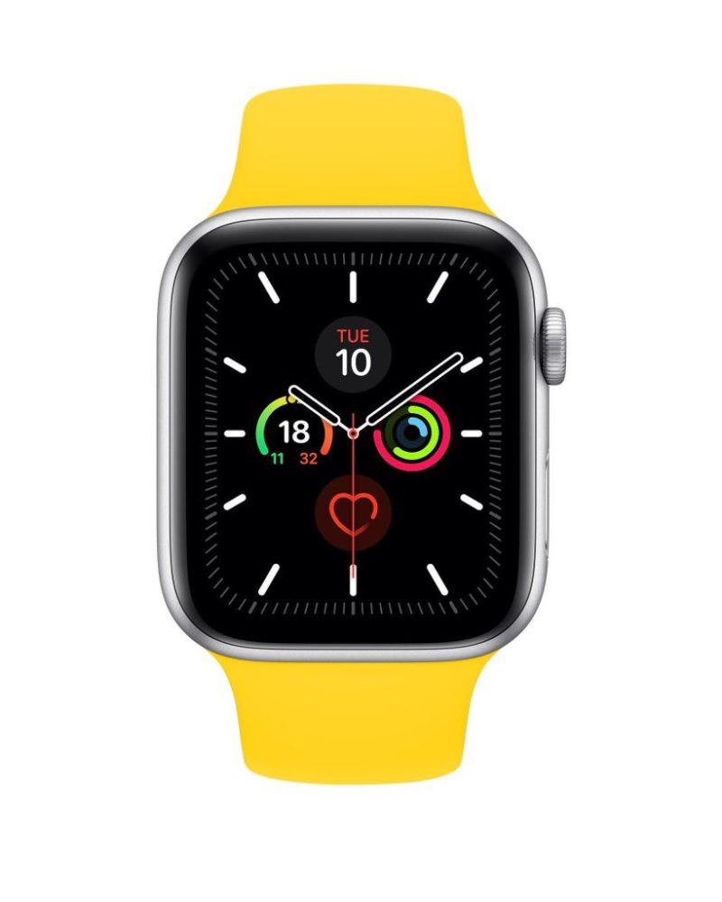 Yellow silicone Apple Watch sport band with silver aluminum case front view