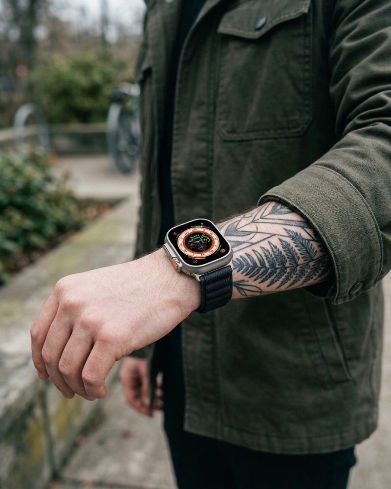 Model wearing Alpine Loop Band For Apple Watch in Black Apple Watch band