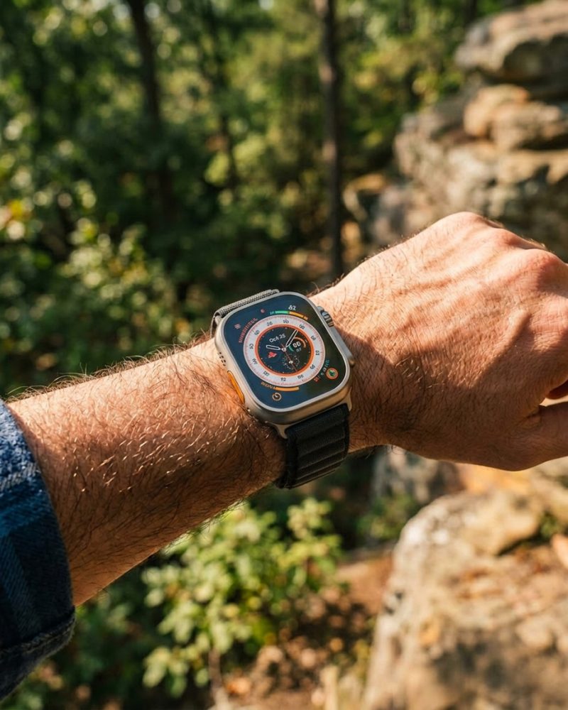 Model wearing Alpine Loop Band For Apple Watch in Black Apple Watch band