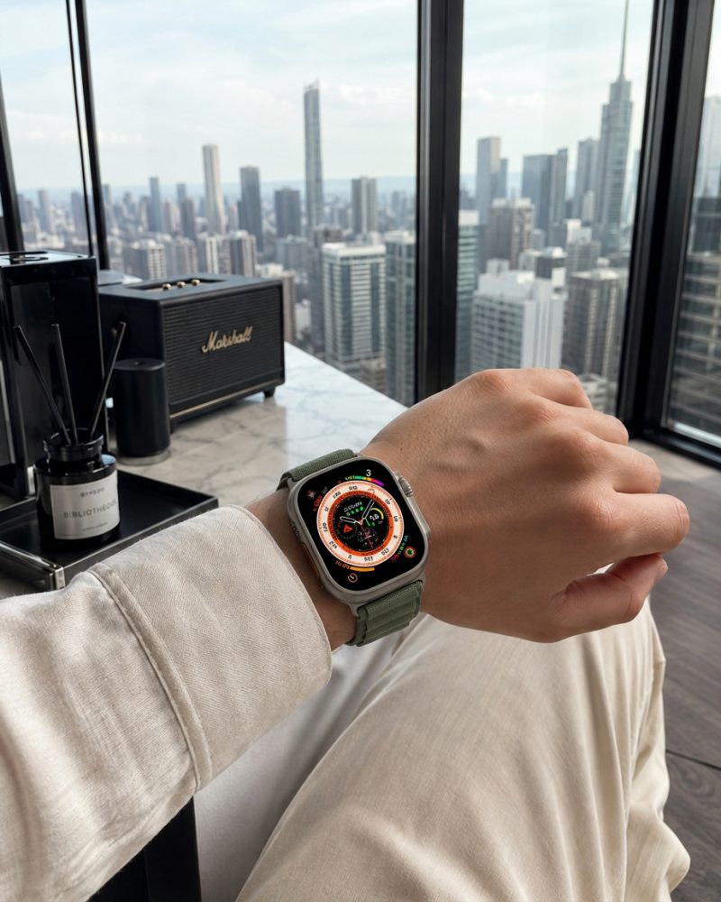 Model wearing Alpine Loop Band For Apple Watch in Green Apple Watch band