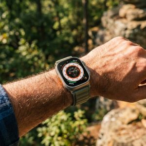 Model wearing Alpine Loop Band For Apple Watch in Green Apple Watch band