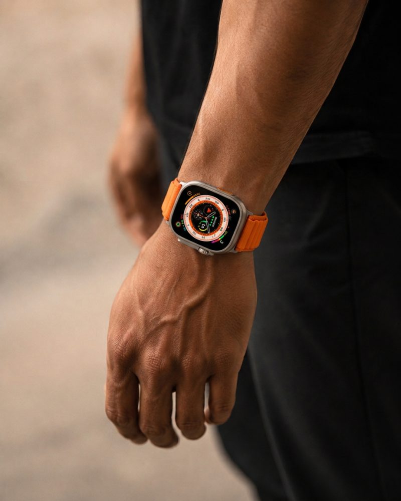 Model wearing Alpine Loop Band For Apple Watch in Orange Apple Watch band