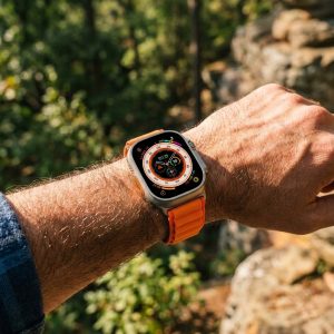 Model wearing Alpine Loop Band For Apple Watch in Orange Apple Watch band