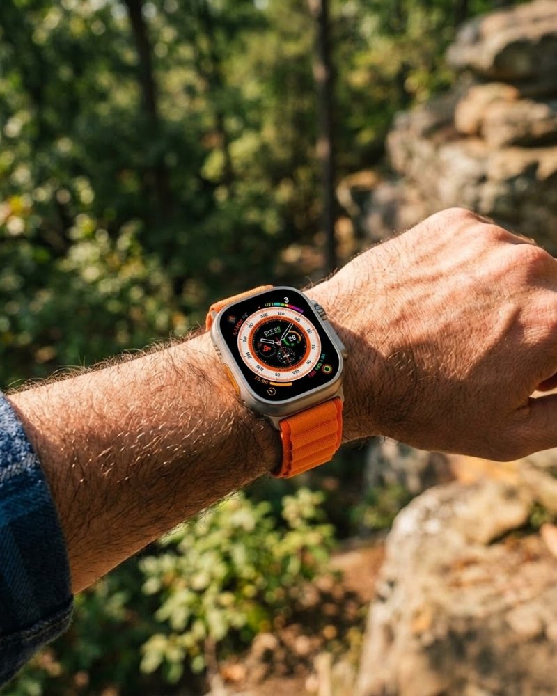 Model wearing Alpine Loop Band For Apple Watch in Orange Apple Watch band