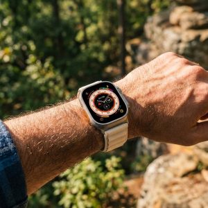 Model wearing Alpine Loop Band For Apple Watch in Starlight Apple Watch band