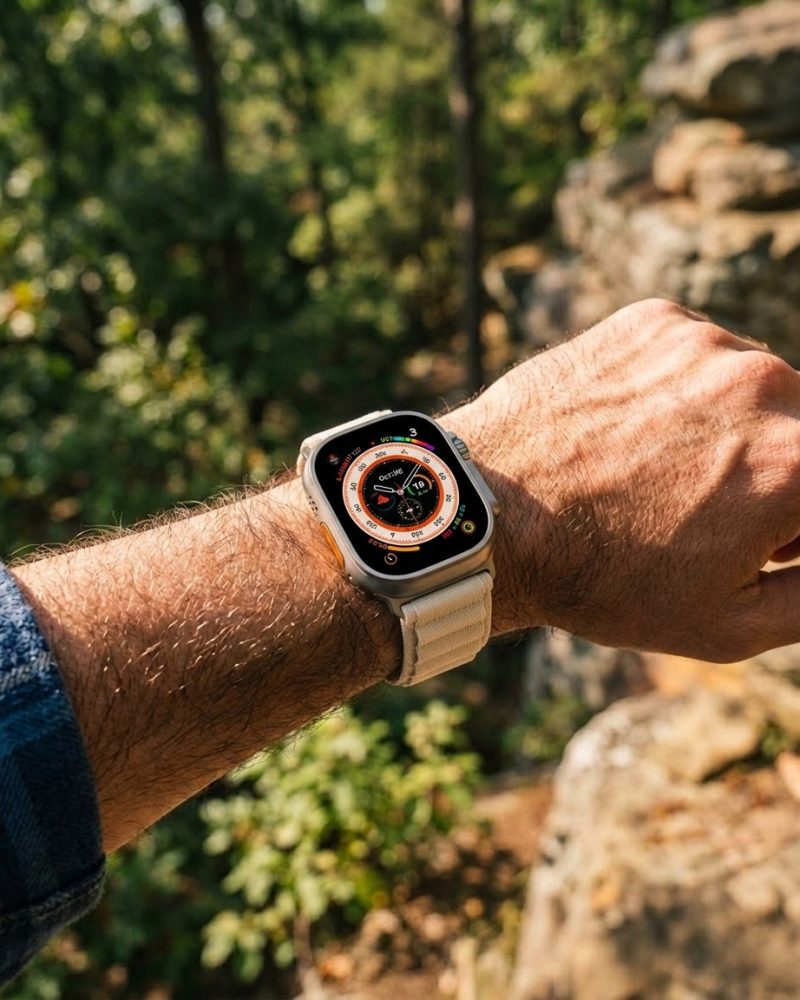 Model wearing Alpine Loop Band For Apple Watch in Starlight Apple Watch band