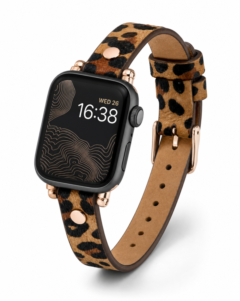 Model wearing Hermione Leather Band for Apple Watch in Leopard Apple Watch band