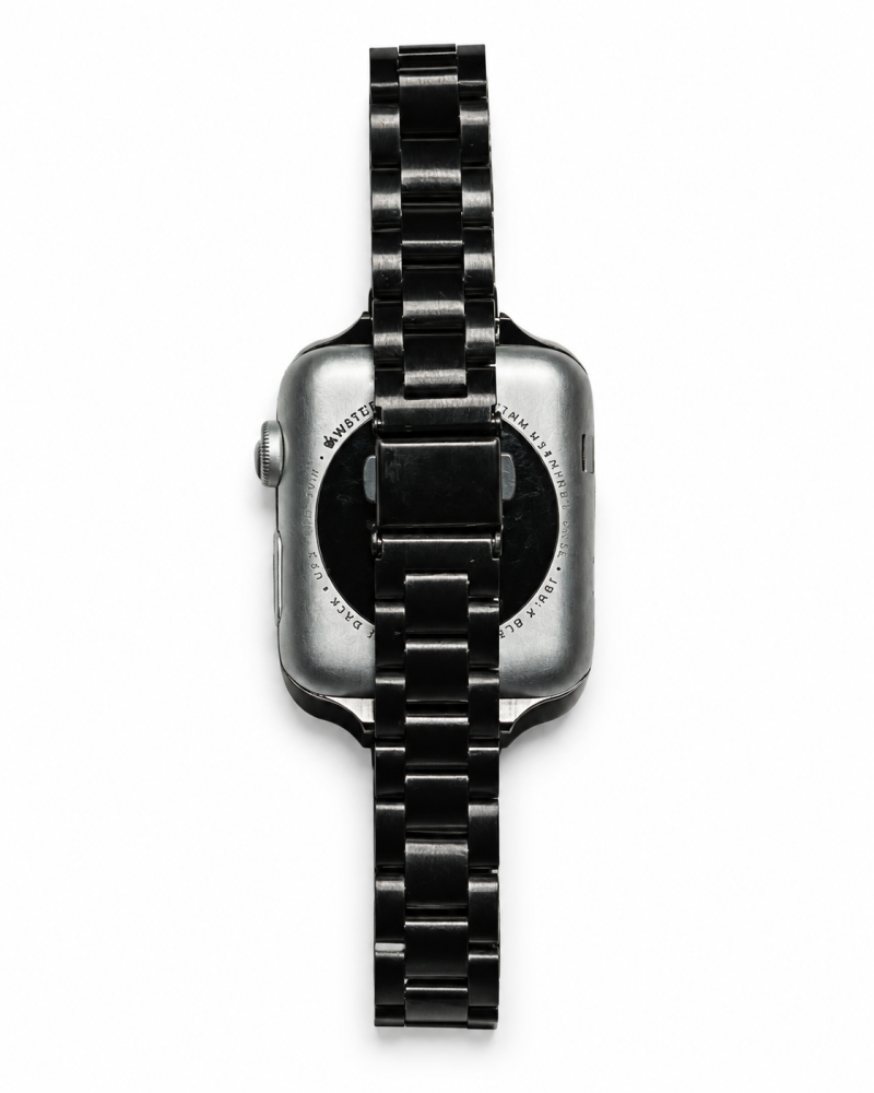 Model wearing Madison Steel Band for Apple Watch – Black Apple Watch band