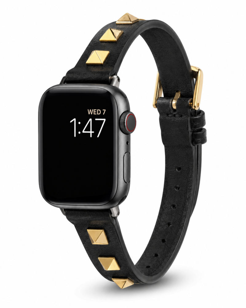 Model wearing Rockstar Slim Leather Band with Gold Studs for Apple Watch in Black Apple Watch band