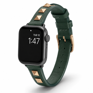 Model wearing Rockstar Slim Leather Band with Gold Studs for Apple Watch in Dark Green Apple Watch band