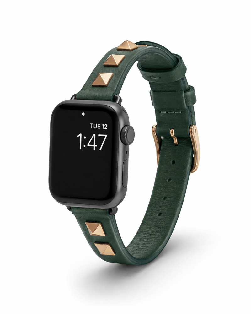 Model wearing Rockstar Slim Leather Band with Gold Studs for Apple Watch in Dark Green Apple Watch band