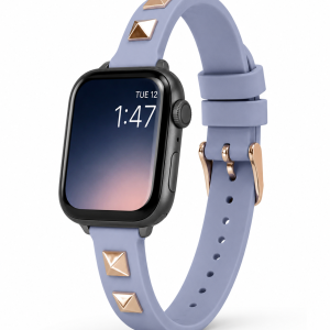 Model wearing Rockstar Slim Leather Band with Gold Studs for Apple Watch in Lavender Apple Watch band