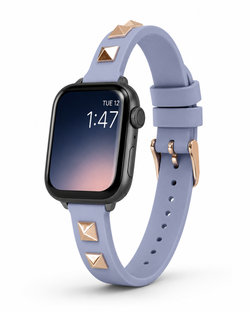 Model wearing Rockstar Slim Leather Band with Gold Studs for Apple Watch in Lavender Apple Watch band