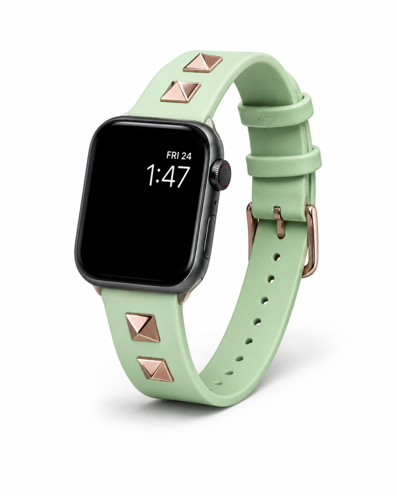 Model wearing Rockstar Slim Leather Band with Gold Studs for Apple Watch in Light Green Apple Watch band