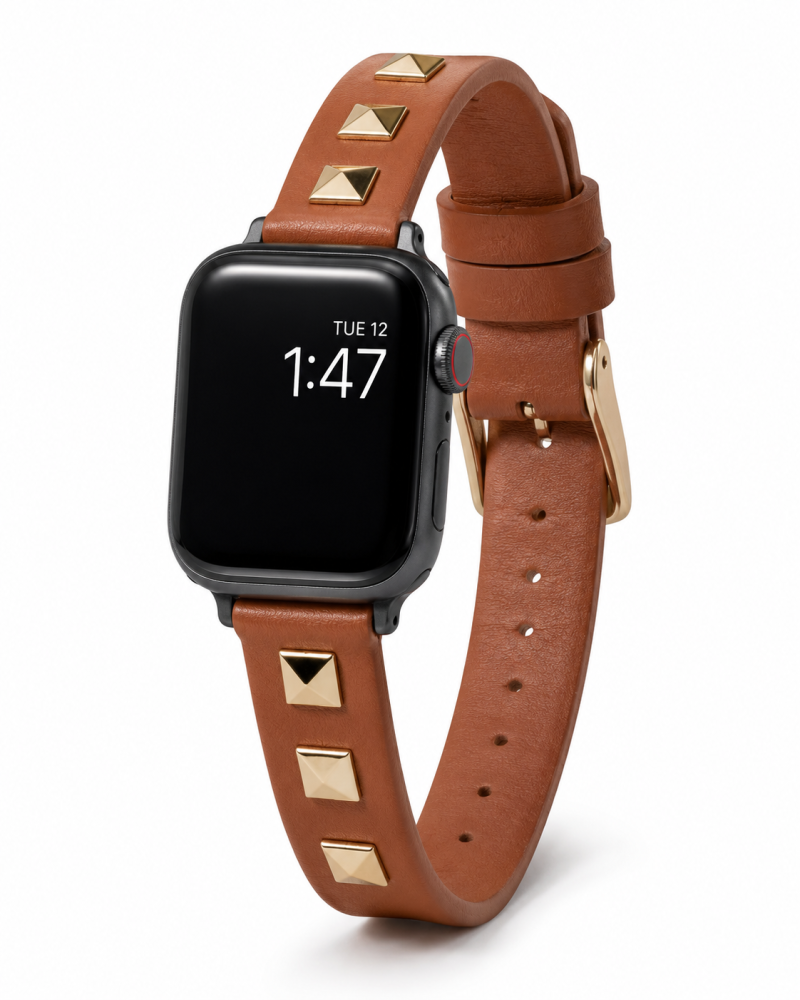 Model wearing Rockstar Slim Leather Band with Gold Studs for Apple Watch in Saddle Brown Apple Watch band