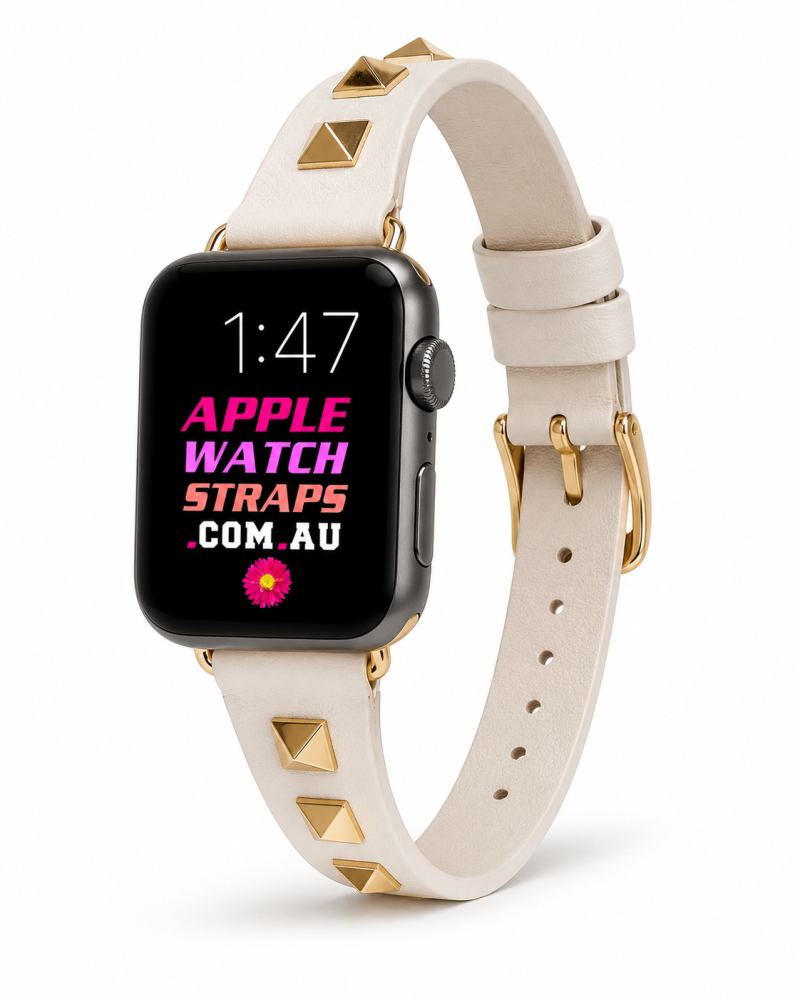 Model wearing Rockstar Slim Leather Band with Rose Gold Studs for Apple Watch in Cream Apple Watch band