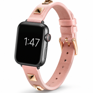 Model wearing Rockstar Slim Leather Band with Rose Gold Studs for Apple Watch in Pink Apple Watch band