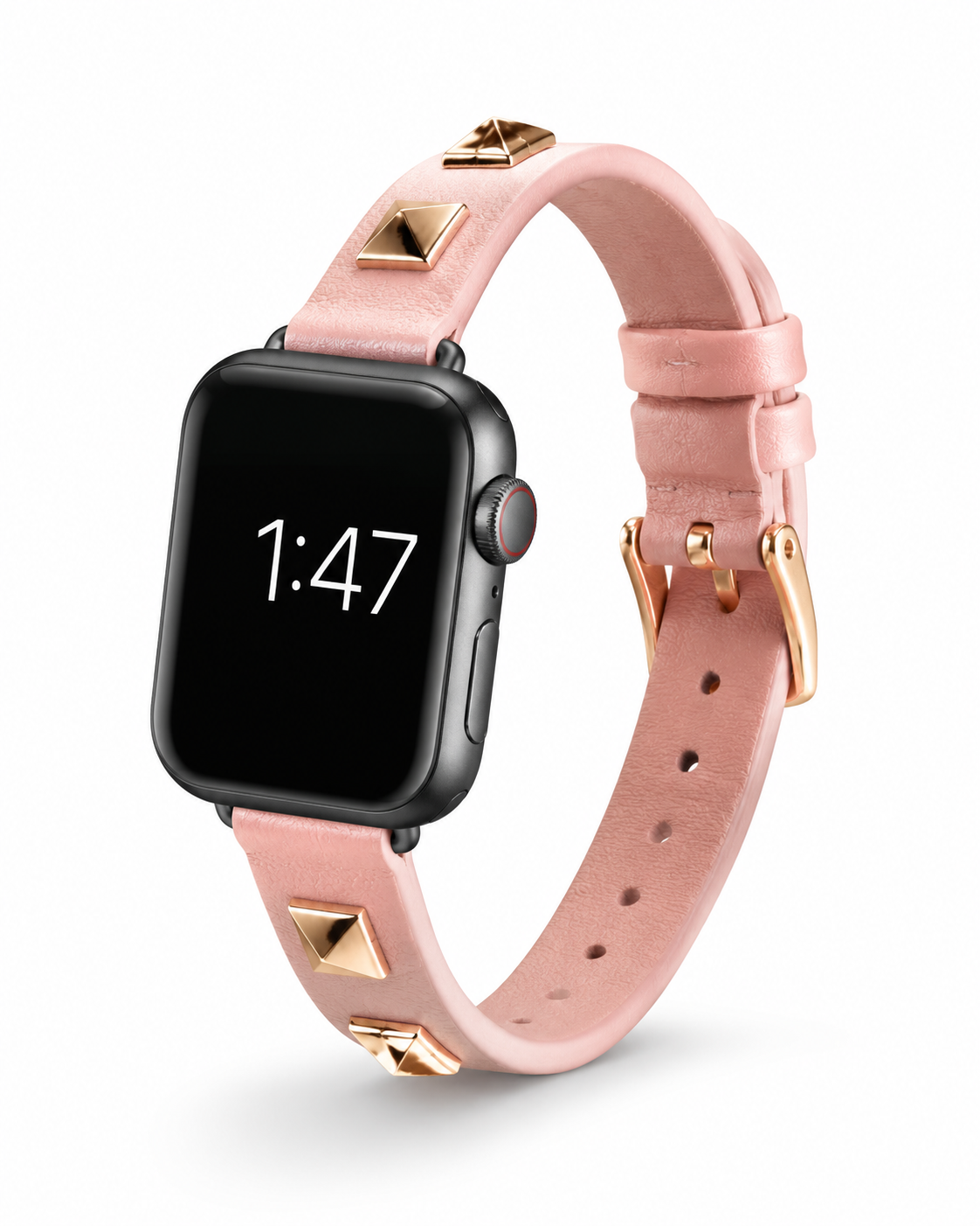 Model wearing Rockstar Slim Leather Band with Rose Gold Studs for Apple Watch in Pink Apple Watch band