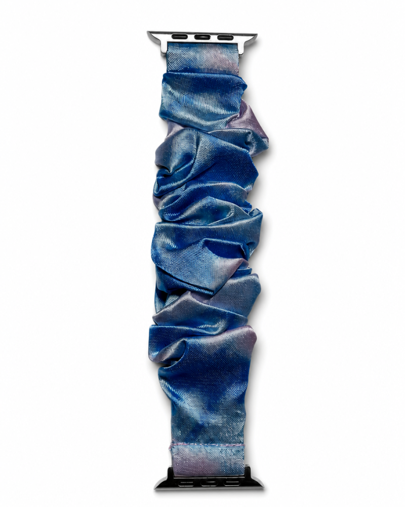 Model wearing Satin Scrunchie Band for Apple Watch – Dreamy Blue White Apple Watch band
