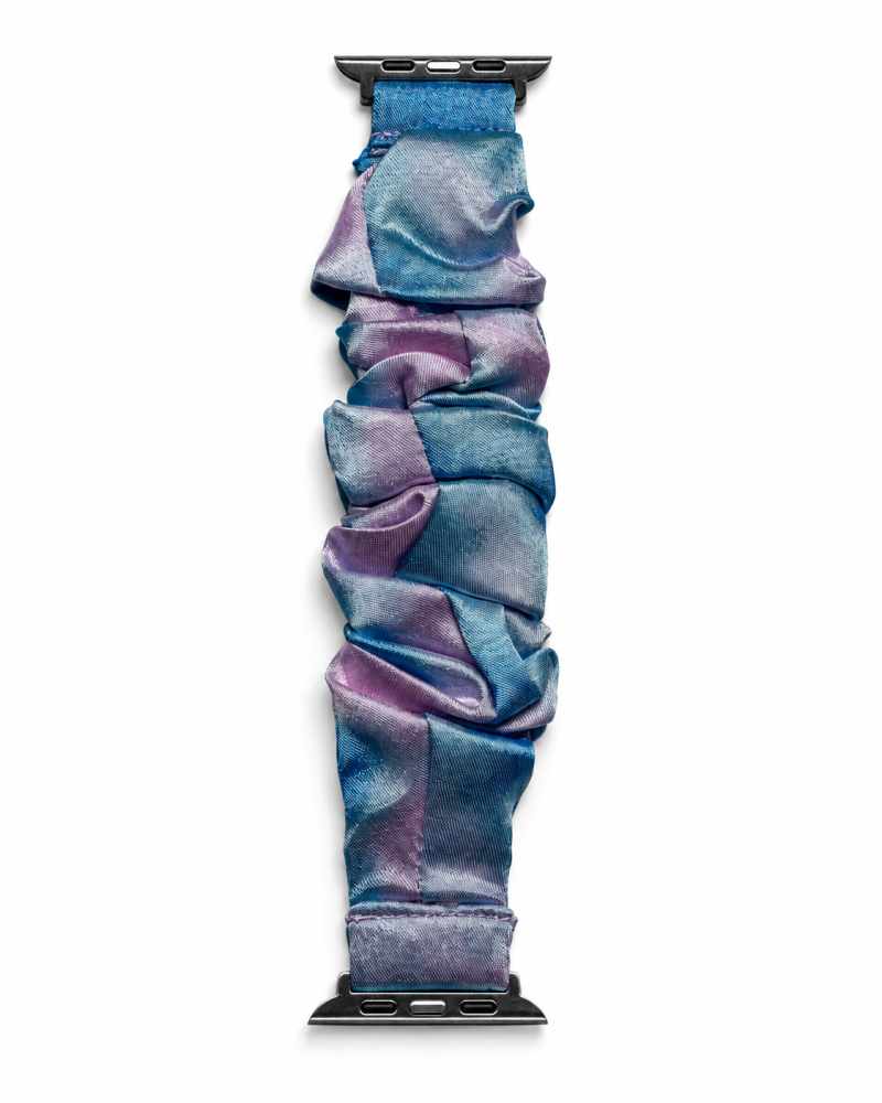 Model wearing Satin Scrunchie Band for Apple Watch – Dreamy Blue White Apple Watch band