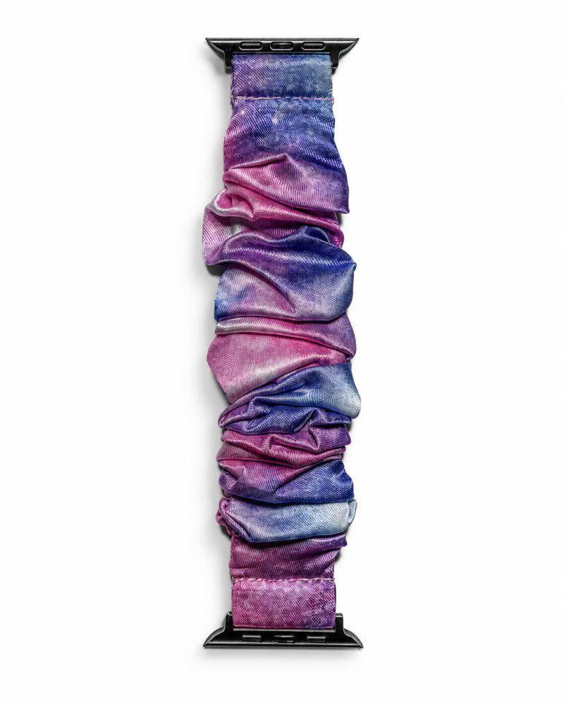 Model wearing Satin Scrunchie Band for Apple Watch – Dreamy Pinkish Purple Apple Watch band