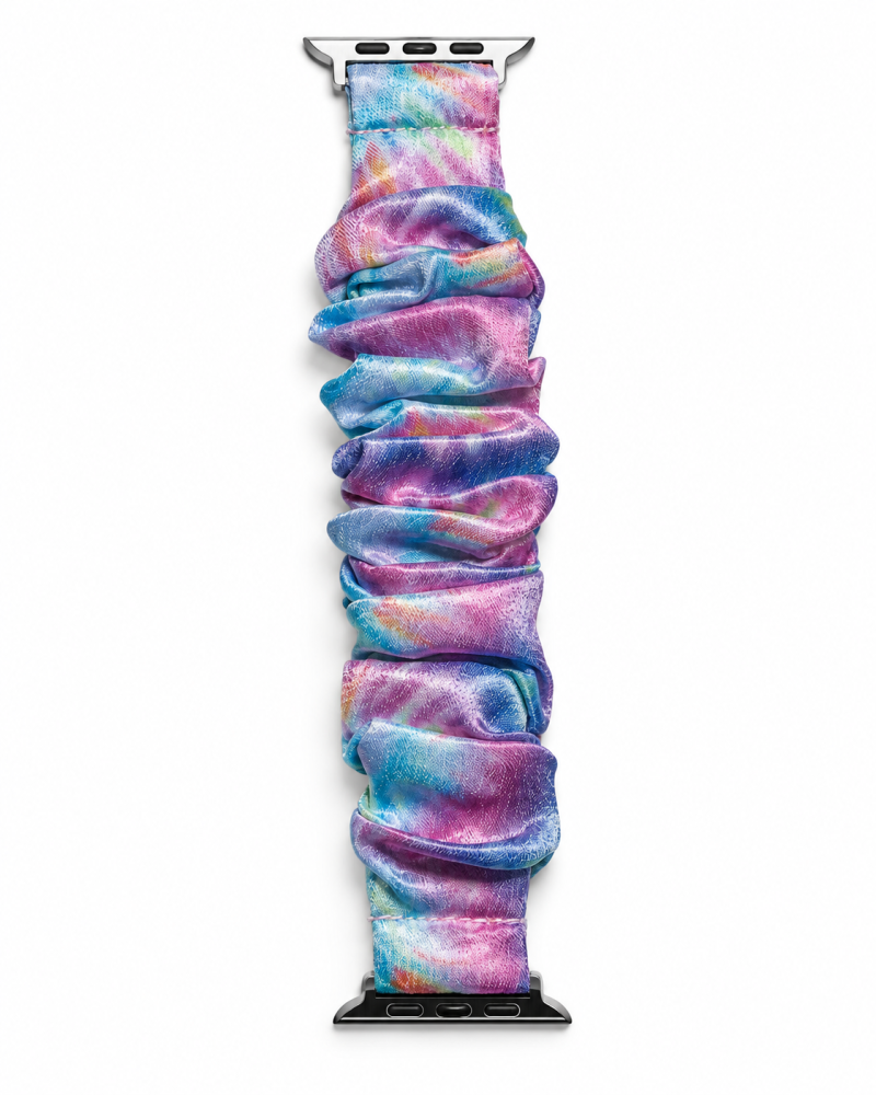 Model wearing Satin Scrunchie Band for Apple Watch – Purple Blue Apple Watch band
