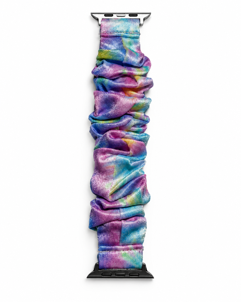 Model wearing Satin Scrunchie Band for Apple Watch – Purple Blue Apple Watch band