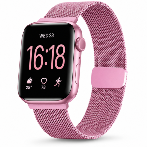 Model wearing Baby Pink Milanese Loop for Apple Watch Apple Watch band