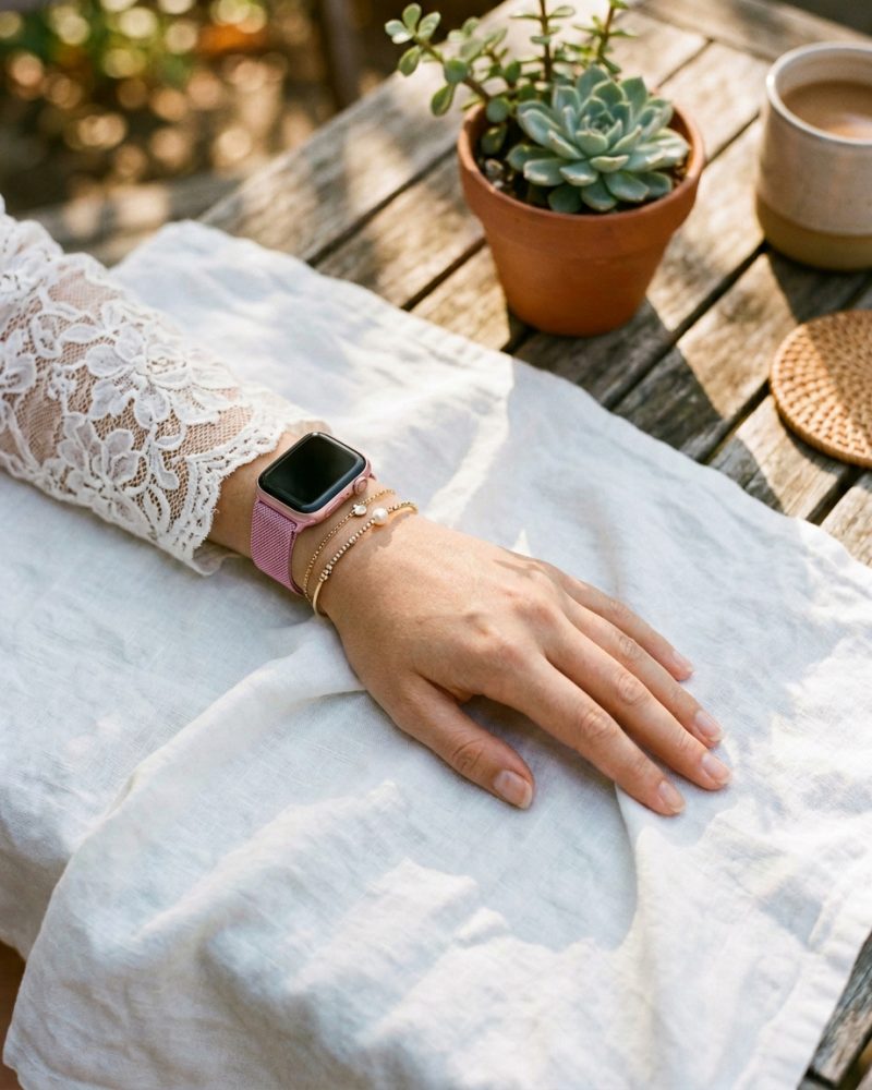 Model wearing Baby Pink Milanese Loop for Apple Watch Apple Watch band