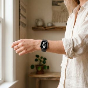 Model wearing Graphite Milanese Loop for Apple Watch Apple Watch band