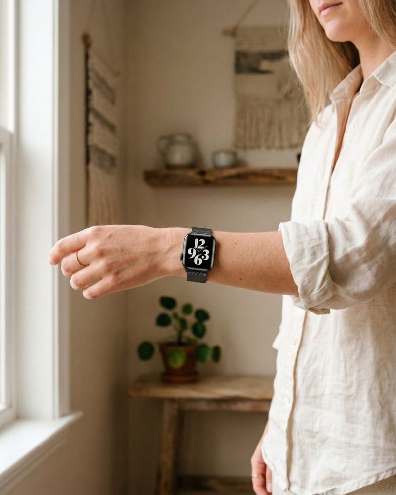 Model wearing Graphite Milanese Loop for Apple Watch Apple Watch band