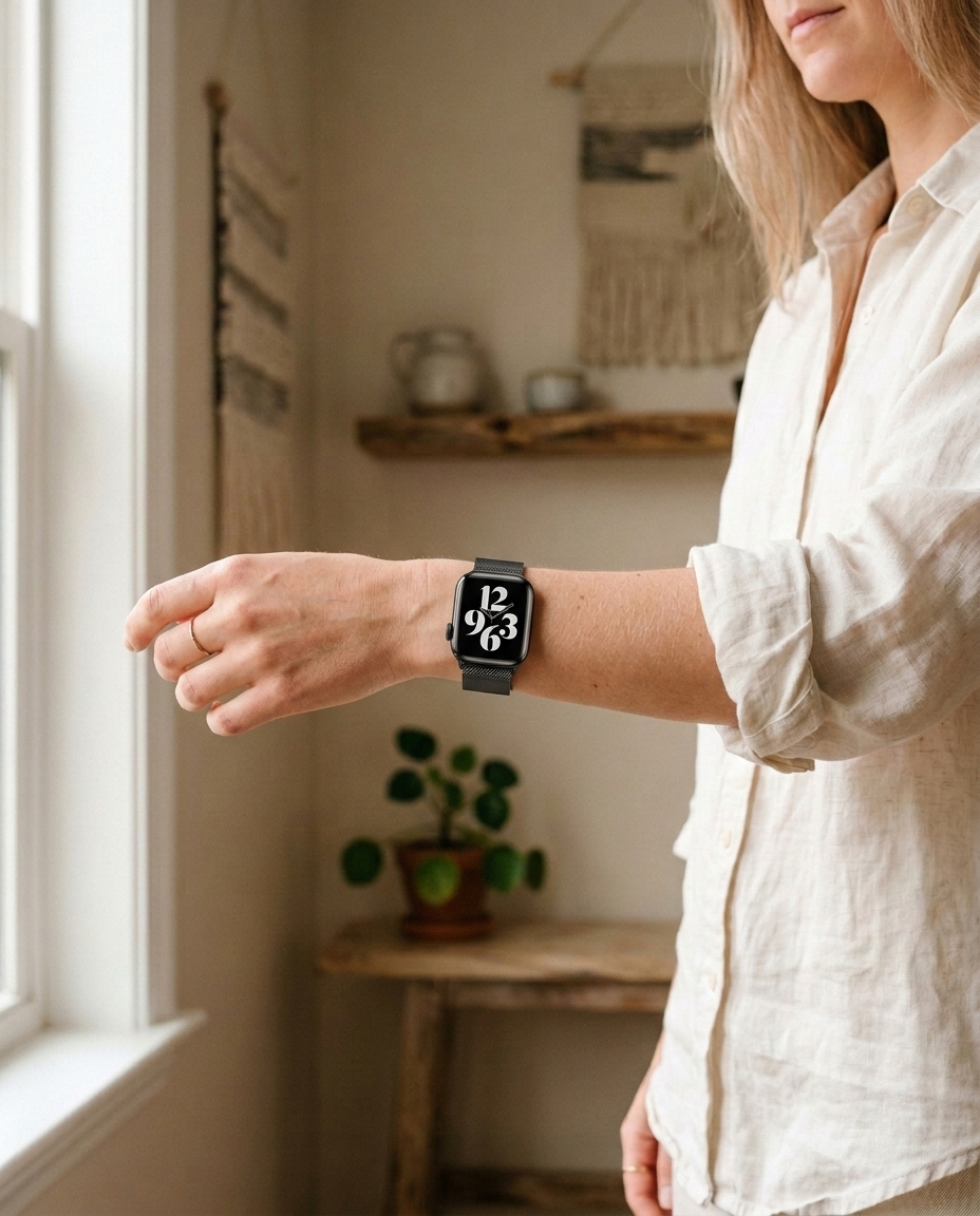 Model wearing Graphite Milanese Loop for Apple Watch Apple Watch band