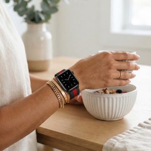 Model wearing Stripe Black Red Black Milanese Loop for Apple Watch Apple Watch band