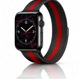 Model wearing Stripe Black Red Black Milanese Loop for Apple Watch Apple Watch band