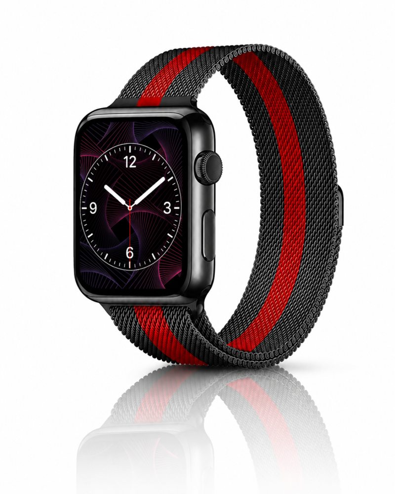 Model wearing Stripe Black Red Black Milanese Loop for Apple Watch Apple Watch band